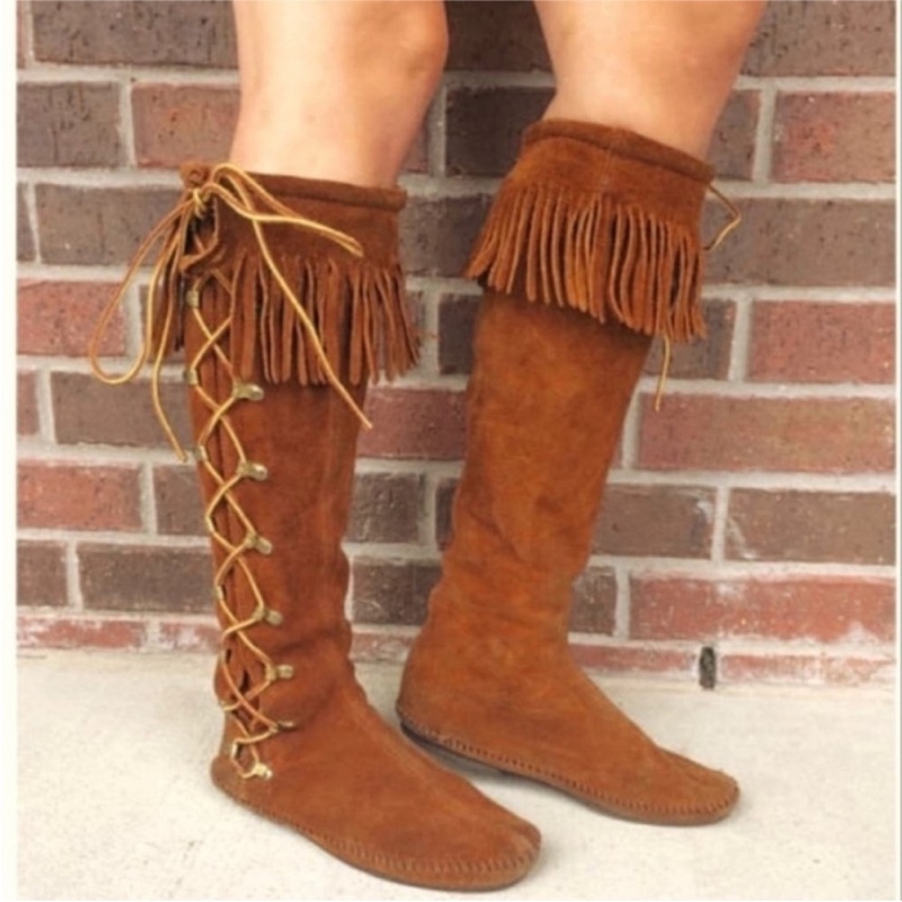 Minnetonka vintage suede side lace fringe knee high boots sz 9 boho festival